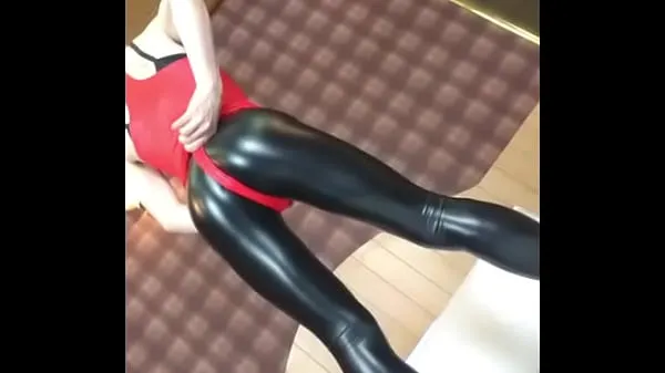 HD no porn] Shiny Red Leotard and PU Leggings Sissy image clip ( dejavu energy Clips
